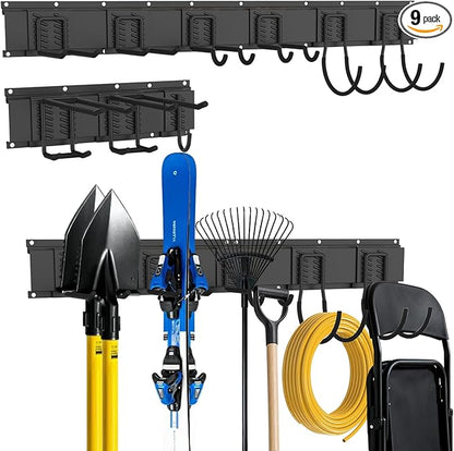 Garage Tool Organizer Wall Mount, Easy to 48inch Install Heavy-Duty Garage Storage System with Adjustable 9 Hooks, Garden Tool Rack for Shovels, Rakes, Yard Tools
