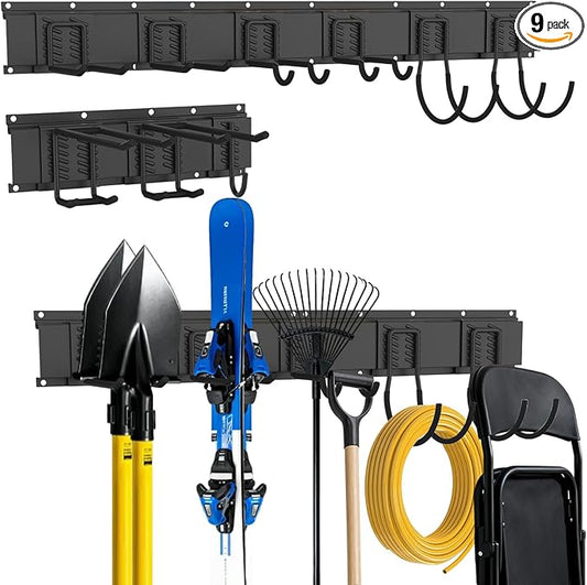 Garage Tool Organizer Wall Mount, Easy to 48inch Install Heavy-Duty Garage Storage System with Adjustable 9 Hooks, Garden Tool Rack for Shovels, Rakes, Yard Tools