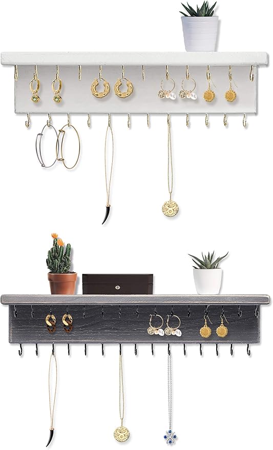 SANY DAYO HOME Jewelry Organizer with 30 Hooks and Shelf, 15 x 3 x 4 inches Wall Mounted Rustic Pine Wood Holder for Necklaces and Bracelets, Suitable for Kids and Adults
