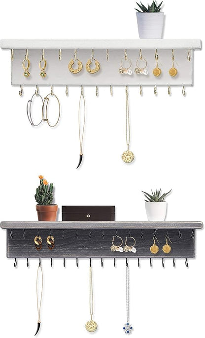 SANY DAYO HOME Jewelry Organizer with 30 Hooks and Shelf, 15 x 3 x 4 inches Wall Mounted Rustic Pine Wood Holder for Necklaces and Bracelets, Suitable for Kids and Adults