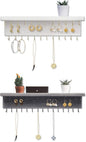 SANY DAYO HOME Jewelry Organizer with 30 Hooks and Shelf, 15 x 3 x 4 inches Wall Mounted Rustic Pine Wood Holder for Necklaces and Bracelets, Suitable for Kids and Adults
