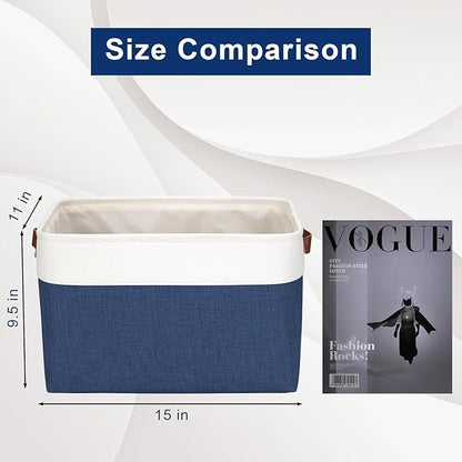 Bagnizer Storage Bins Large Fabric Storage Baskets for Shelves 3 Pack, Decorative Linen Closet Baskets with Handles for Organizing, Shelf, Clothes, Home, Office, 15x11x9.5Inches (NavyBlue&White)