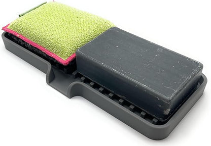 Silicone Soap Dish Tray and Sponge Holder with Drain Chute, Rectangular, Kitchen and Bathroom Sink Organizer (Grey, 9"x3.5")