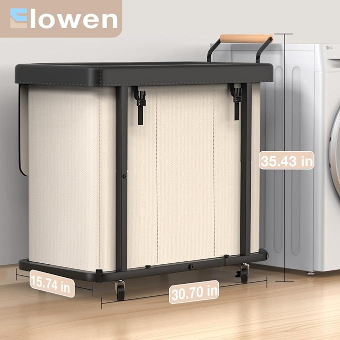 60 Gal (230L) Laundry Hamper 3 Section with Lid, Leather Patchwork Laundry Sorter with Rolling Lockable Wheels and Handle, Laundry Basket Organizer for Laundry Room, Bedroom and Bathroom - Beige