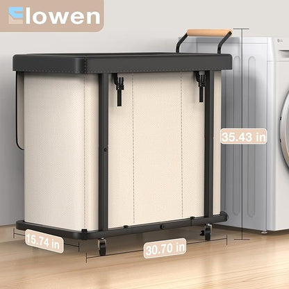 60 Gal (230L) Laundry Hamper 3 Section with Lid, Leather Patchwork Laundry Sorter with Rolling Lockable Wheels and Handle, Laundry Basket Organizer for Laundry Room, Bedroom and Bathroom - Beige