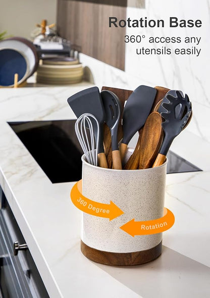 Nucookery 360°Rotating Utensil Holder, 7.2" Large Utensil Crock, White Ceramic Cooking Utensil Organizer,Farmhouse Kitchen Decor Christmas Thanksgiving Gift (Sand)