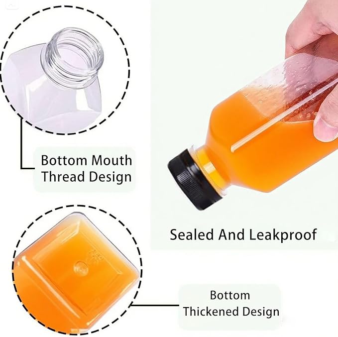 Plastic Juice Bottles with Caps 10pcs 12oz, Reusable Juice Containers with Black Tamper-Evident Lids, Clear Bottles for Juicing, Milk, Smoothie Bottle, Drinking with 10 Labels, Brush and Funnel