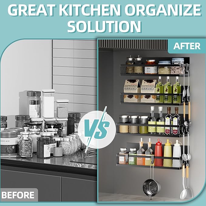 Magnetic Spice Rack for Refrigerator, 4 Pack Magnetic Shelf with 10-Hook Rack, Carbon Steel, Black, for Kitchen Organizers and Storage