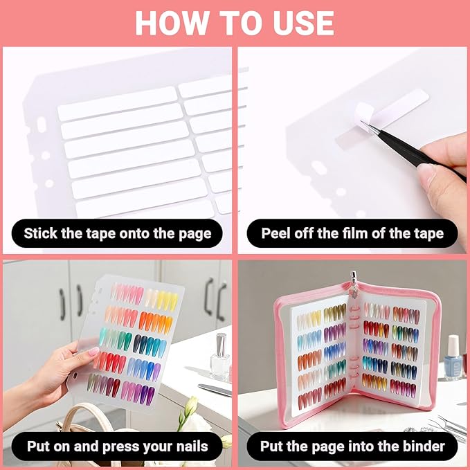Segbeauty Nail Sample Color Swatches Book with Zipper, Nail Display Book Polish Color Swatches A5 Binder, Gel Press On Nails Organizer Storage Holder with 240 False Fingernail Polish Art Salon Pink