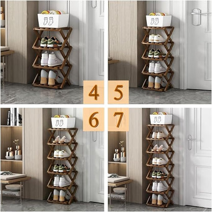 Foldable Shoe Rack, Bamboo Vertical Shoe Organizer Tall for Small Spaces. Multifunctional Narrow Shoe Shelf for Entryway, Closet, Corner, Bedroom, Hallway, Brown Color 8 Layers