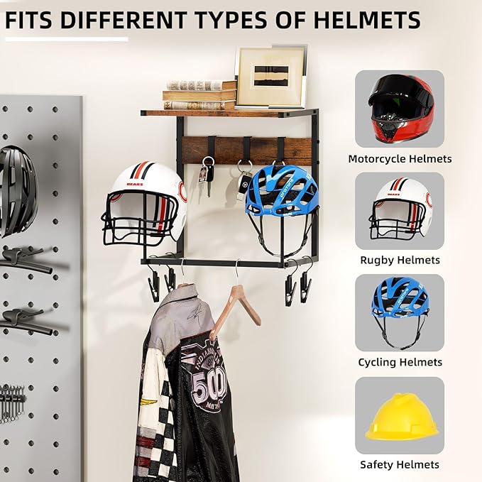 Urban Deco Motorcycle Helmet Holder Wall Mount, Helmet Rack with 2 Hat Stands, Helmet Stand for Display Wall Mount, Motorcycle Accessories Gear Storage for Men, Small