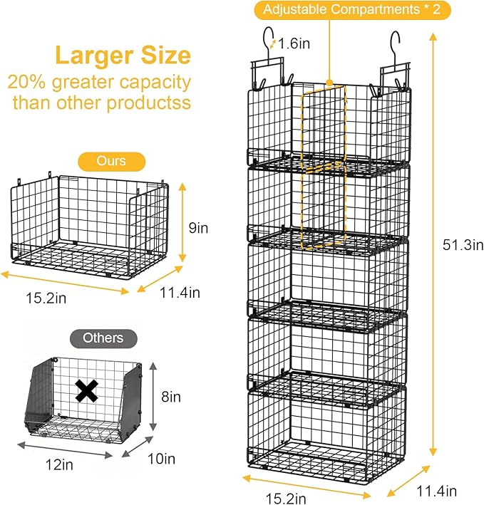 VyGrow 5 Tier Hanging Closet Organizer with Adjustable Dividers, Heavy-Duty Storage Shelves for Clothing, Kitchen, Laundry Room, Extra Large Baskets, 15.7" W x 11.8" D x 51" H, Black