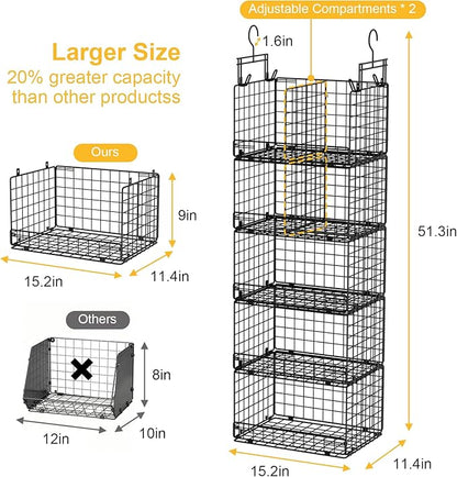 VyGrow 5 Tier Hanging Closet Organizer with Adjustable Dividers, Heavy-Duty Storage Shelves for Clothing, Kitchen, Laundry Room, Extra Large Baskets, 15.7" W x 11.8" D x 51" H, Black