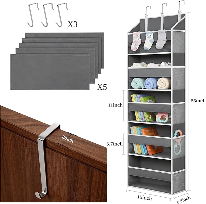 Over the Door Organizer, 5 Large Pockets Hanging Storage with Clear Windows, 10 Mesh Side Pockets, Holds Up to 44 lbs, Behind Door Organizer for Toys, Clothes, Nursery, Closet, Dorm, Gray