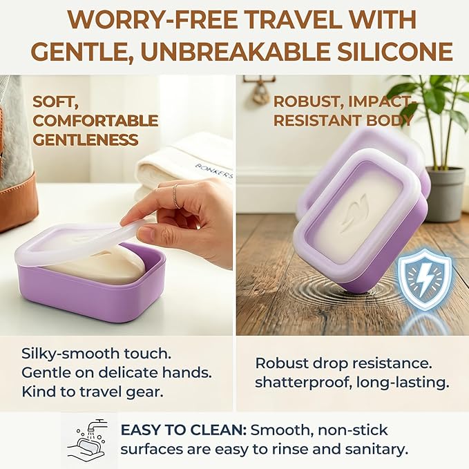 AIMAIAIMAI Enhanced Leak Proof Travel Soap Container, Compact Silicone Travel Soap Holder with Drainage Pad, Great for Camping, Gym and Business Trip (Purple)