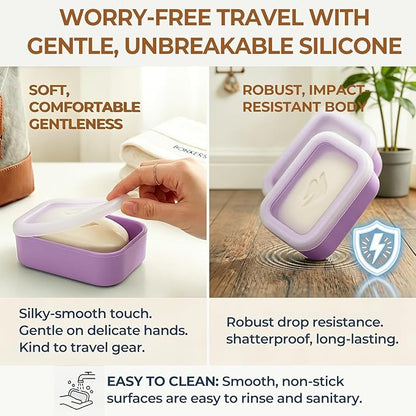 AIMAIAIMAI Enhanced Leak Proof Travel Soap Container, Compact Silicone Travel Soap Holder with Drainage Pad, Great for Camping, Gym and Business Trip (Purple)