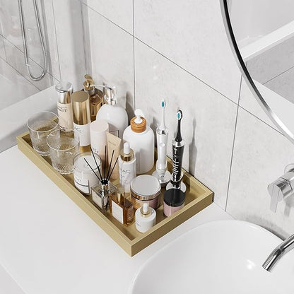 ZHWS Gold Bathroom Vanity Tray for Countertop Perfume Makeup Jewelry Candle Decor, Kitchen Tray for Soap Dispenser Spice Salt, Large Gold Tray for Toilet Tank Paper, Serving Nightstand 13”x6.5”