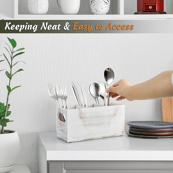 DRASTAR Wooden Silverware Caddy, Flatware Cutlery Holder, Silverware Organizer for Party, Kitchen Utensil Holder for Countertop, Retro White