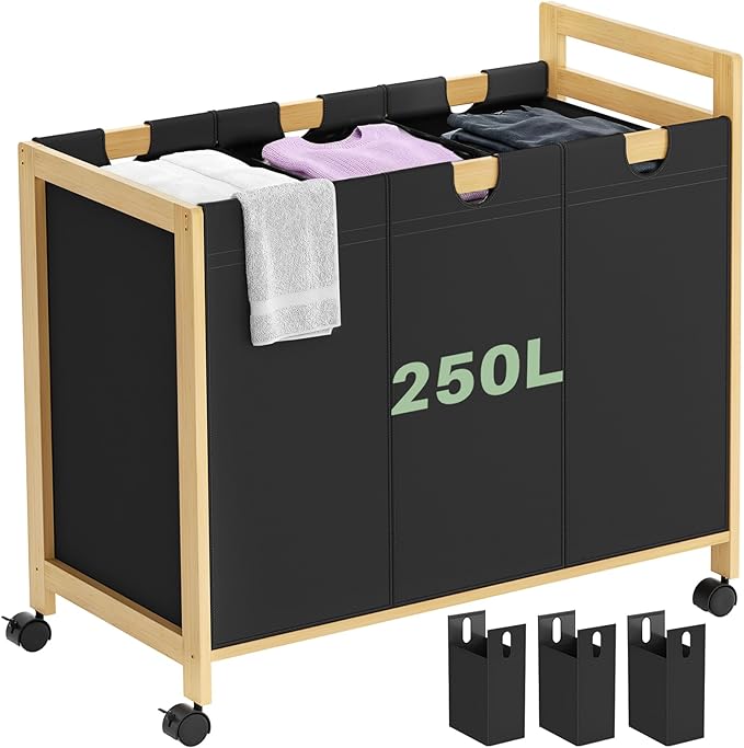 Homykic 250L Laundry Sorter Cart with Wheels, 3-Section Rolling Laundry Basket with Removable Bags, 66 Gal Large Laundry Hamper Organizer, Heavy Duty Bamboo Frame, Water-Resistant, Black