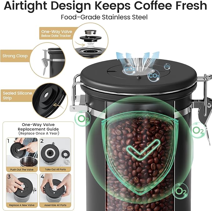 Veken Coffee Canister with Window,Airtight Stainless Steel Pantry Container,Kitchen Food Storage Organizers for Beans,Ground,Espresso,Rice,Tea,Sugar, Cereal, Bar Accessories,Gifts,Lids,Jars,22OZ,Black