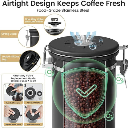 Veken Coffee Canister with Window,Airtight Stainless Steel Pantry Container,Kitchen Food Storage Organizers for Beans,Ground,Espresso,Rice,Tea,Sugar, Cereal, Bar Accessories,Gifts,Lids,Jars,22OZ,Black