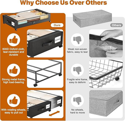 Under Bed Storage with Wheels,Under Bed Storage Containers with Clear Lids, Under-Bed Organizers for Clothes, Shoes – Durable Storage Bins with Smooth Rolling Wheels (Black, 4 Pack)
