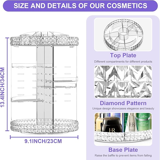 TiKenSo 360 Rotating Makeup Organizer, Cosmetics Organizer Makeup Spinning Organizer Clear 6 Adjustable Layers Large Capacity Acrylic Skincare Organizers for Bathroom or Bedroom Dresser