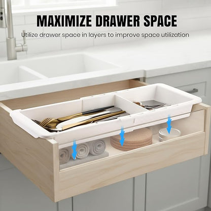Enhon Expandable Sliding Drawer Organizer for Kitchen Drawers, Deep Drawer Organizer Tray with Adjustable Dividers, Sliding Kitchen Drawers Tray for Utensils, Silverware & Accessories, 11.4”–18”,White