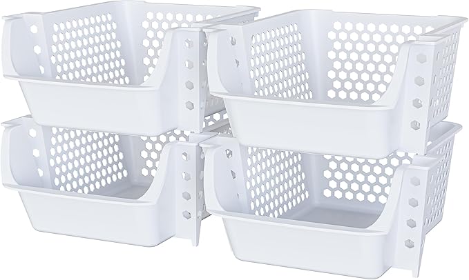 TidyFriend 4 Pack Stackable Storage Bins Open Front for Pantry Organizers and Storage, Plastic Storage Bins, Dorm Room Essentials, Pantry Storage for Snacks, Toiletries, and Small Essentials (White)