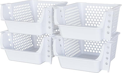 TidyFriend 4 Pack Stackable Storage Bins Open Front for Pantry Organizers and Storage, Plastic Storage Bins, Dorm Room Essentials, Pantry Storage for Snacks, Toiletries, and Small Essentials (White)