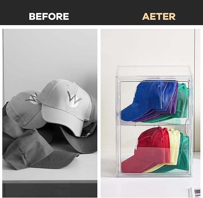 Hat Organizer Box,Hat Display Case,Stackable Clear Baseball Caps Storage Box Containers with Double-Sided Magnetic Door,Holds 15 Hats (XXL-1Pack-with Divider)