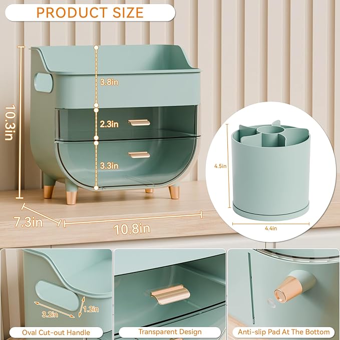 Yieach Green Make up Organizer for Countertop,Vanity,Large Capacity Bathroom Makeup Skincare Organizers With Brush Holder,Makeup Storage Organizer for Lotion,Beauty Products,Skin Care,Makeup Display