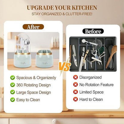 360° Rotating Silverware Utensil Holder for Kitchen Counter, Spoon and Fork Holder with Cover, Cooking Utensil Organizer with 7 Slots and Intermediate Drainage Device for Kitchen Decor(Green)