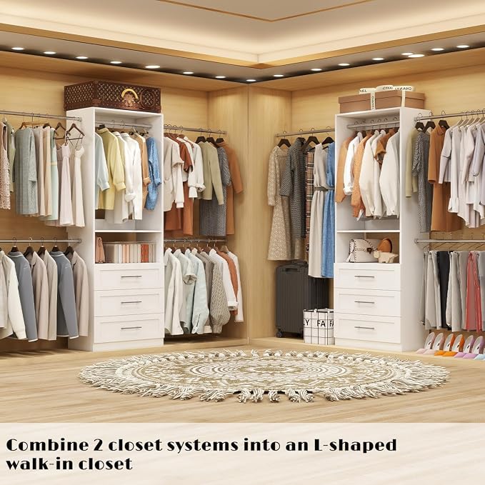 Closet System with 2 Set, 4FT-15FT Closet Organizer System with 6 Wooden Drawers Walk-in Closet Storage System with 10 Expandable Hanging Rods Garment Rack Wall Mount White