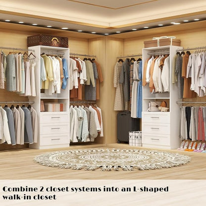 Closet System, 4FT-9FT Closet Organizer System with 3 Wooden Drawers Walk-in Closet Storage System with 5 Expandable Hanging Rods Wall Mount White