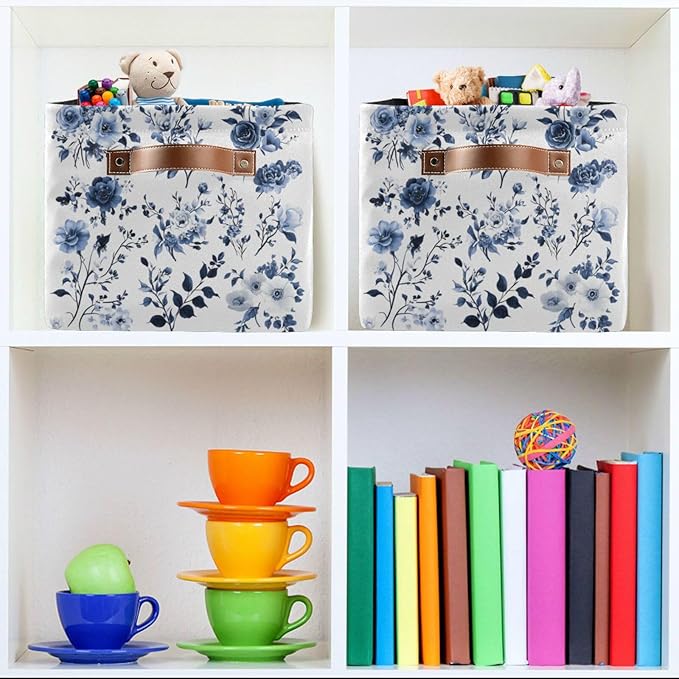 Large Storage Basket Blue and White Porcelain Storage Bin Cube Canvas Fabric Organizer Handles Collapsible for Clothes Toys Bedroom Decorative