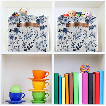 Large Storage Basket Blue and White Porcelain Storage Bin Cube Canvas Fabric Organizer Handles Collapsible for Clothes Toys Bedroom Decorative