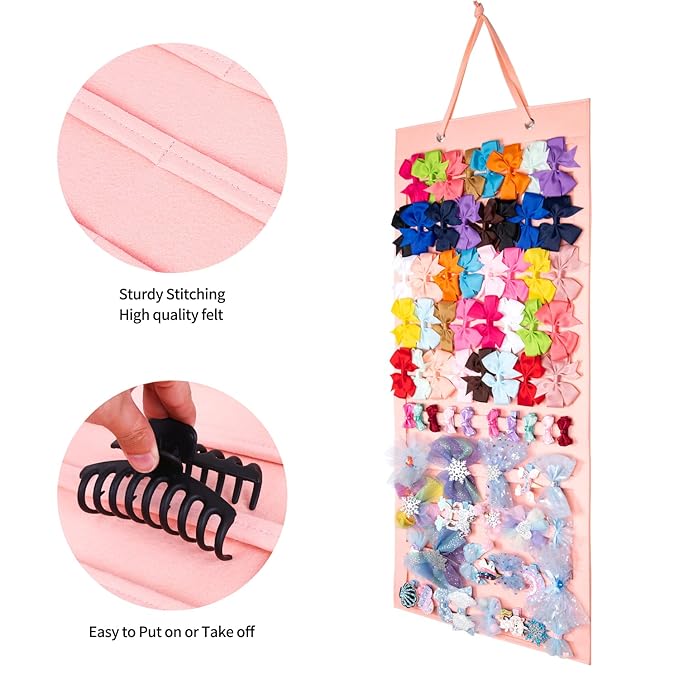 Bow Hanger for Girls Hair Bows - Large Wall, Door, Closet Organizer - Pink