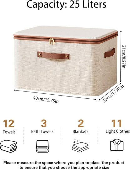 Tuza 3 Pcs Rigid Storage Bins with Zipper Lid, Cotton Linen Fabric Storage Boxes, Foldable Shelves Clothes Storage Cubes with Handles for Wardrobe, Closet(Beige, 25L)