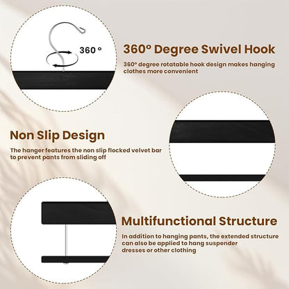 Chunful 10 Pack Wooden Velvet Pants Hangers - 16 Inch Non Slip Wood Pants Hangers with 360 Degree Swivel Hook Heavy Duty Space Saving for Jeans, Shorts & Dresses (Black)