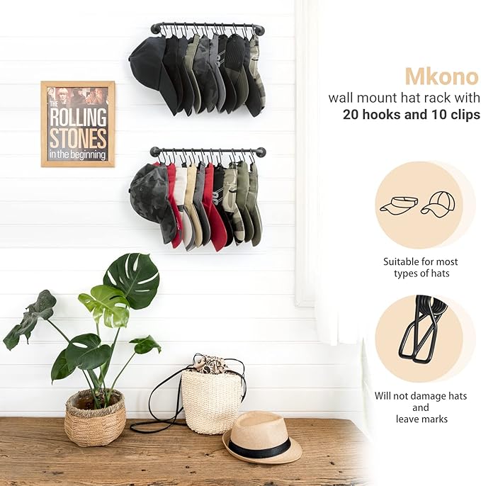 Mkono Hat Rack for Wall Baseball Cap Organizer Hanger with 20 Hooks Modern Metal Hat Holder Wall-Mounted Caps Display for Closet Door Bedroom Entryroom Laundry, Set of 2 Black