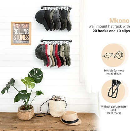 Mkono Hat Rack for Wall Baseball Cap Organizer Hanger with 20 Hooks Modern Metal Hat Holder Wall-Mounted Caps Display for Closet Door Bedroom Entryroom Laundry, Set of 2 Black