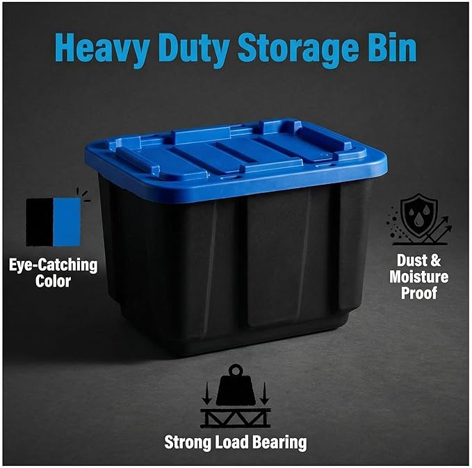 12 Gallon Rugged Plastic Storage Bins with Latching Lids - Stackable Heavy Duty Totes for Garage, Basement, Workshop, Camping and Home Organization, Black 4-Pack Utility Container Set
