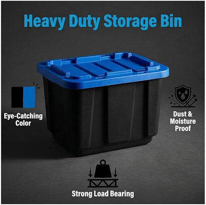 12 Gallon Rugged Plastic Storage Bins with Latching Lids - Stackable Heavy Duty Totes for Garage, Basement, Workshop, Camping and Home Organization, Black 4-Pack Utility Container Set