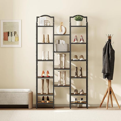 YATINEY 10-Tier Tall Shoe Rack, Vertical Shoe Organizer for Small Spaces, Wooden Shoe Shelf for Entryway, Space Saving Shoe Storage, Holds 10 Pairs of Shoes, Rustic Brown and Black SS50BR