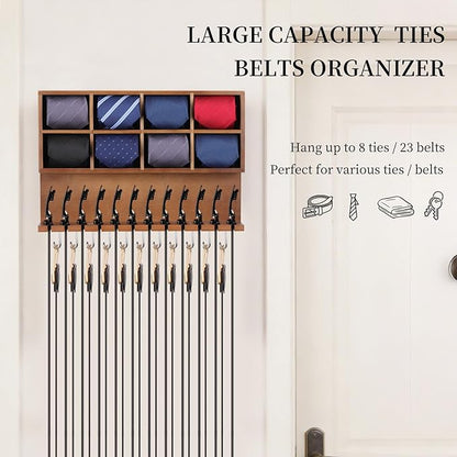 AUTOARK Wall Mounted Tie Rack/Belt Hanger,2-in-1 Wall Mount Organizer,8 Compartment Tie Organizer with Belt Slots & Hooks,Belt & Accessories,8+12+11 Storage,Walnut,AHK-081