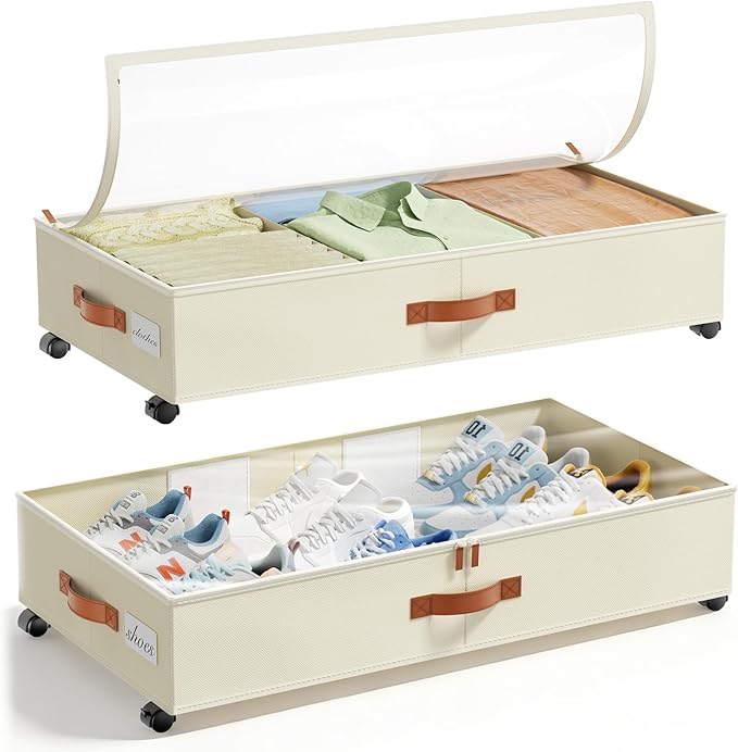 LAMU Under Bed Storage with Wheels, 2 Pack Under Bed Storage Containers with Clear Lids & Label, Rolling Under Bed Drawers for Clothes, Shoes, Blankets, Beige