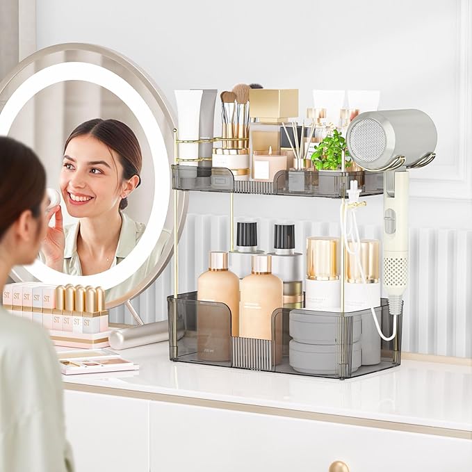 SpaceTrove 2-Tier Bathroom Counter Organizer, Makeup Organizer, Perfume Organizer, Large Skincare & Vanity Organizer, with Toothbrush, Toothpaste, Hair Dryer Holder (Smoky Grey)