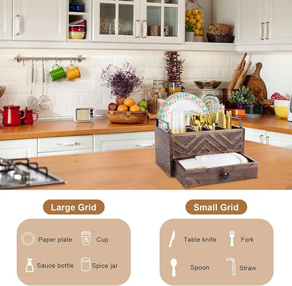 Paper Plate Dispenser with Drawer, country style Wood Kitchen Counter, Picnic, Party, Camping - Caddy Organizer for Cups, Spoons, Forks, Plates, office supplies, Napkins & Silverware
