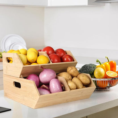 Bamboo Pantry Organizers and Storage Bins, 2 Set Stackable Baskets for Vegetables, Potatoes, Onion, Garlic, Bread - Bamboo Kitchen Containers for Pantry Drawer, Counter, Cabinet